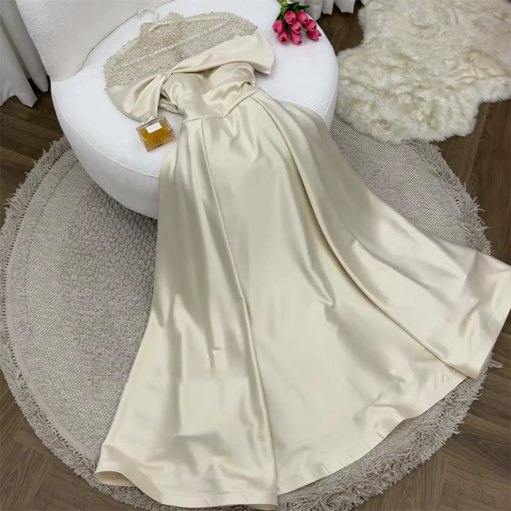 Elegant A-Line Evening Gown Elegant Dress Formal Floor Length Short Sleeve Illusion Neck Satin with Ruched Beading Prom Dress HZ1024