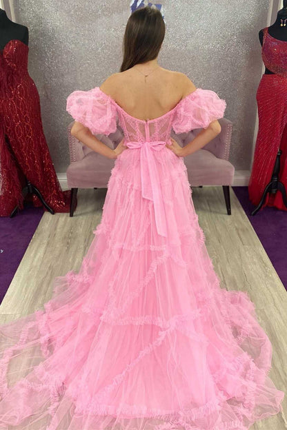 Light Blue Sheer Corset Ruffles A-Line Prom Dress with Puff Sleeves