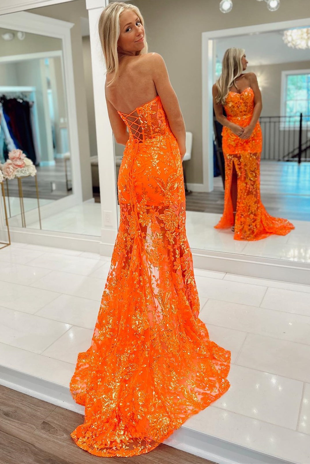 Orange Off-the-Shoulder Sequin Applique Mermaid Long Dress with Slit