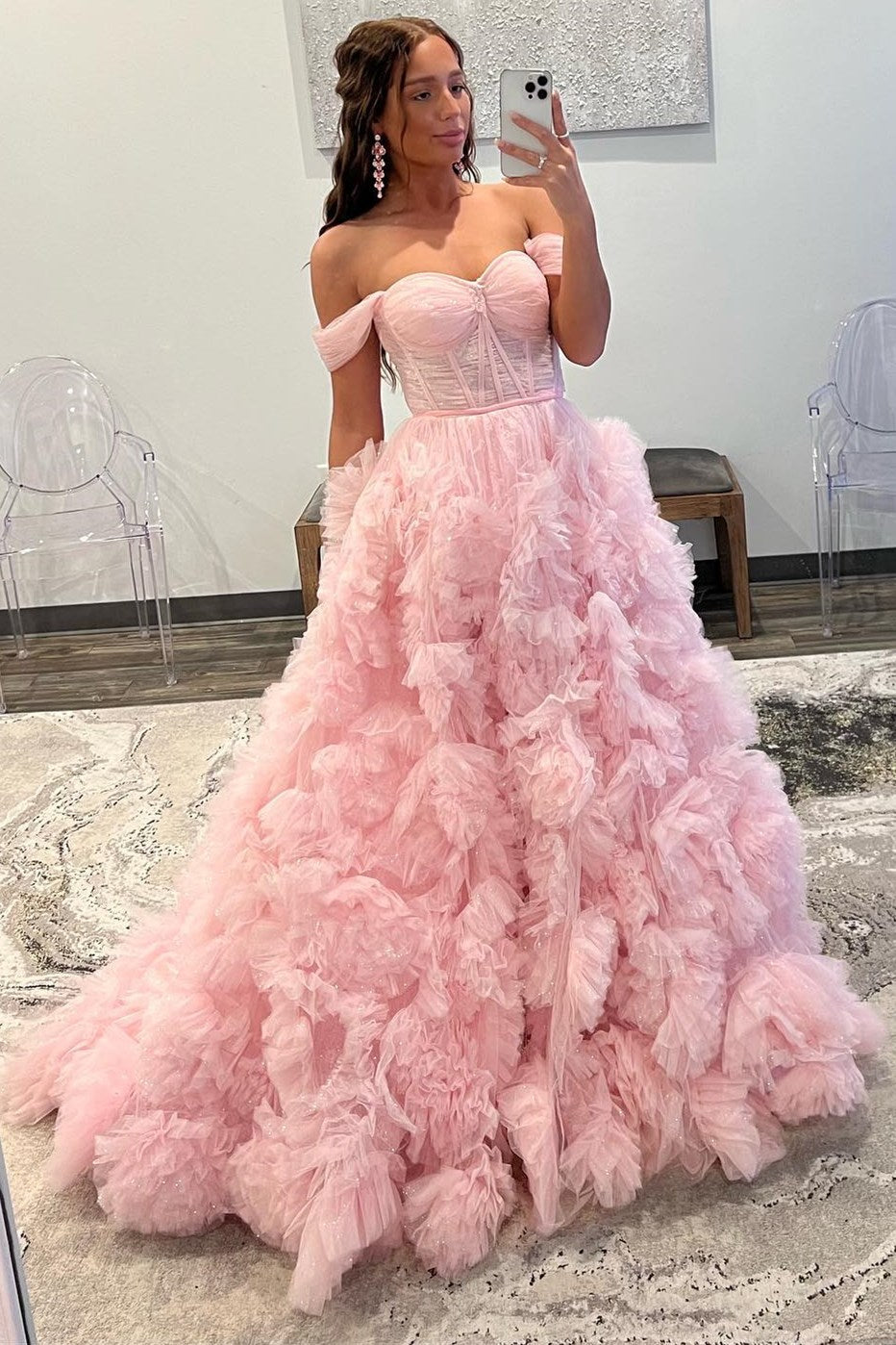 Lavender Tulle Off-the-Shoulder Long Prom Dress with Ruffles