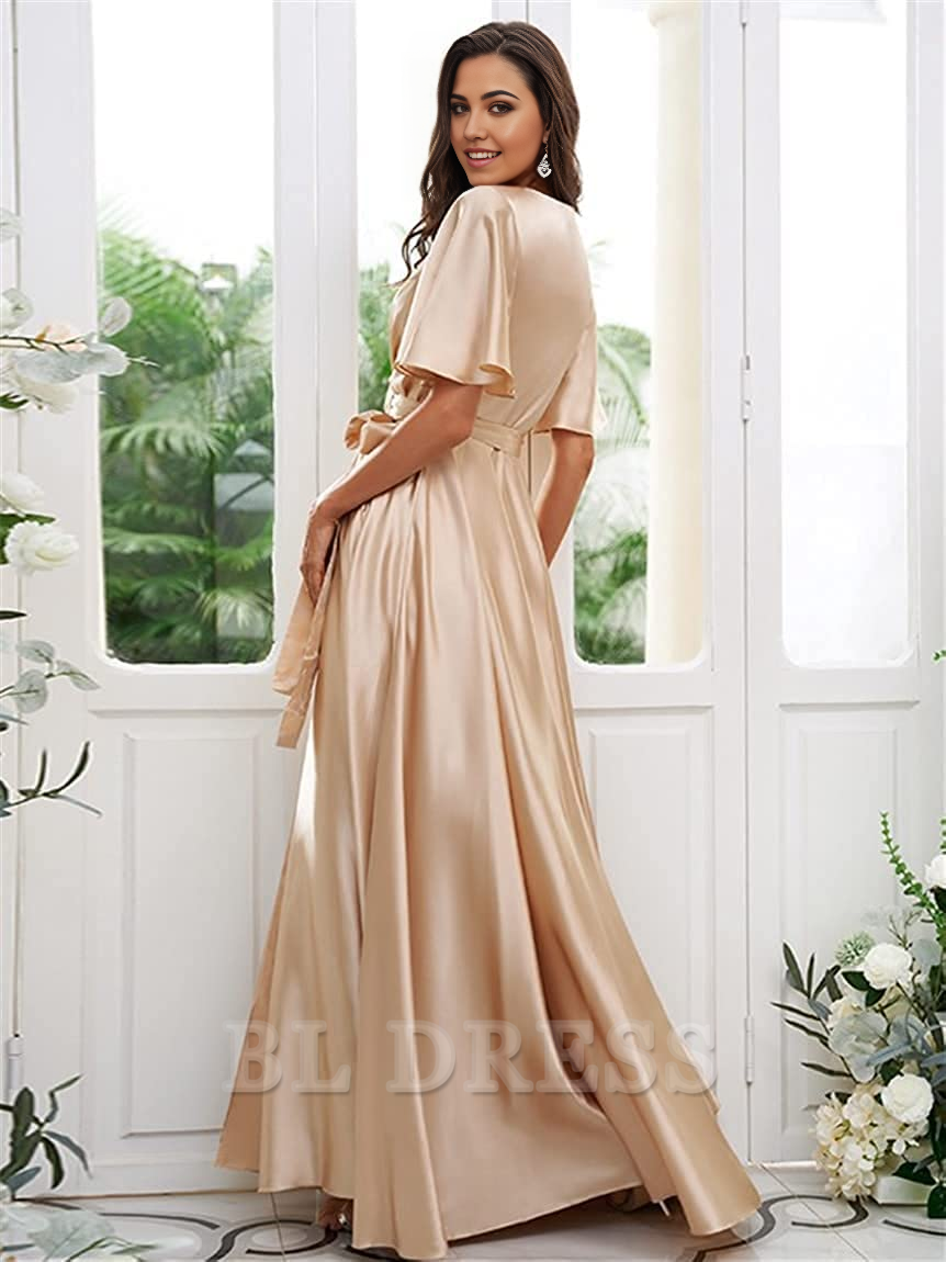 A Line V Neck Sleeves Satin formal dresses evening gown Bridesmaid Dresses with Slit