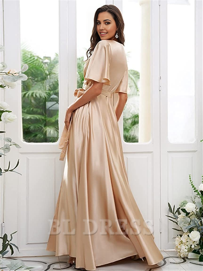 A Line V Neck Sleeves Satin formal dresses evening gown Bridesmaid Dresses with Slit
