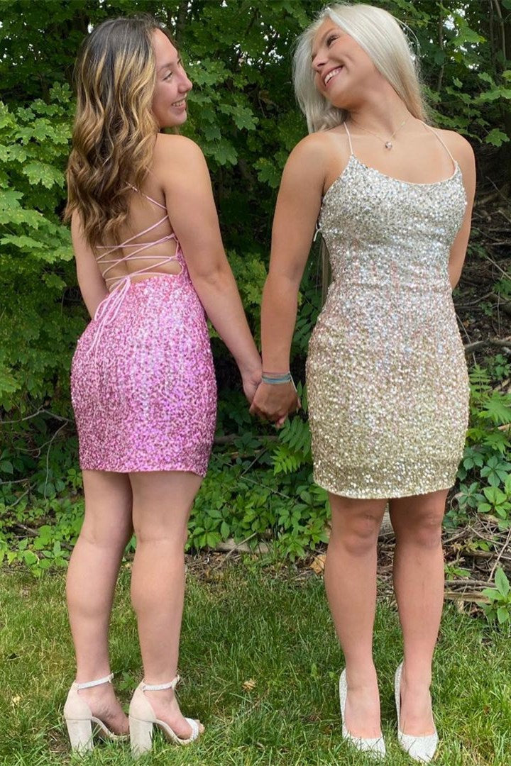 White Iridescent Sequins Lace-Up Mini Homecoming Dress