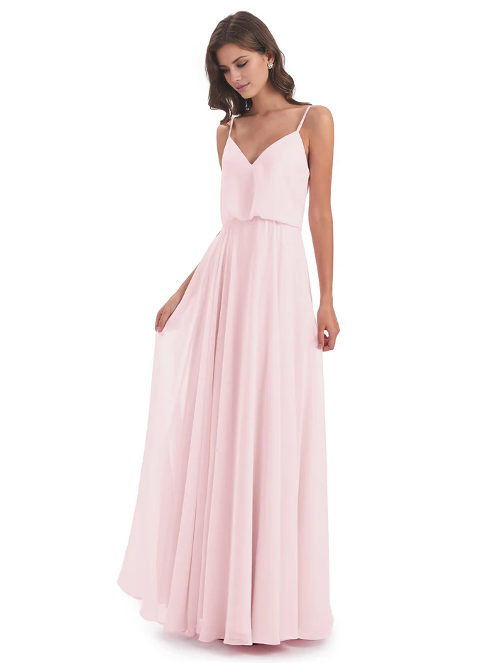 Simple slim shoulder chiffon and floor length bridesmaid dress