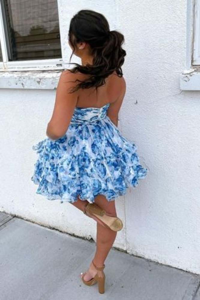 Blue Print Sweetheart Ruffle Homecoming Dress