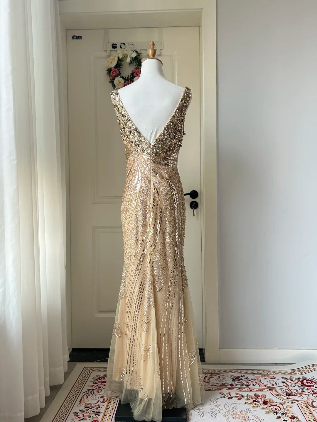 Luxurious Gold V-neck Mermaid Sequined Long Prom Dress Evening Dress cc5349