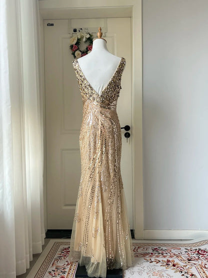 Luxurious Gold V-neck Mermaid Sequined Long Prom Dress Evening Dress cc5349