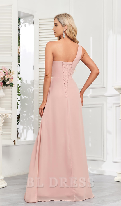 A Line One Shoulder Long Ruched Chiffon formal dresses Bridesmaid Dresses evening gown Prom Dress with Slit