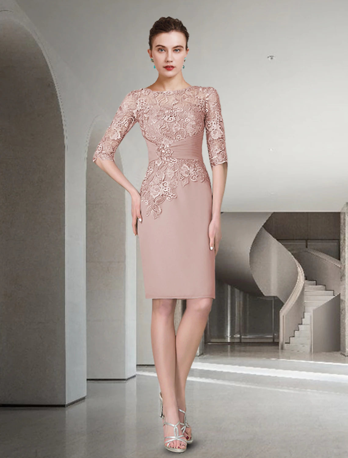 Two Piece Sheath / Column Mother of the Bride Dress Fall Wedding Guest Church Plus Size Elegant Jewel Neck Knee Length Chiffon Lace Half Sleeve Wrap Included Jacket Dresses