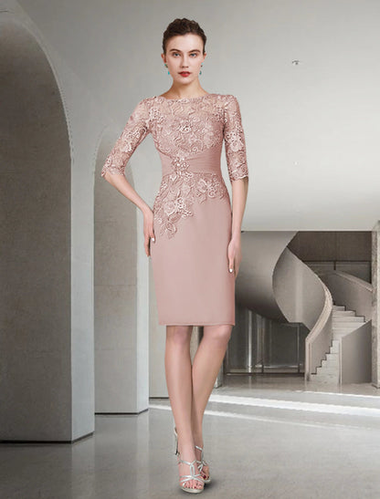Two Piece Sheath / Column Mother of the Bride Dress Fall Wedding Guest Church Plus Size Elegant Jewel Neck Knee Length Chiffon Lace Half Sleeve Wrap Included Jacket Dresses