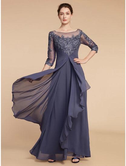 Sheath / Column Mother of the Bride Dress Wedding Guest Elegant Vintage Scoop Neck Ankle Length Chiffon Lace Half Sleeve