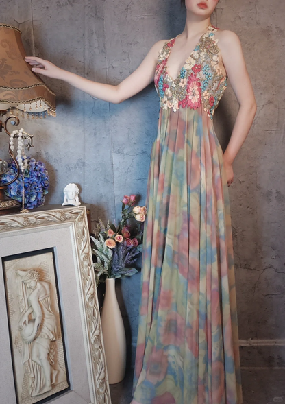 Vintage Floral Backless Design Elegant Chiffon Evening Dress Prom Dress HZ1024
