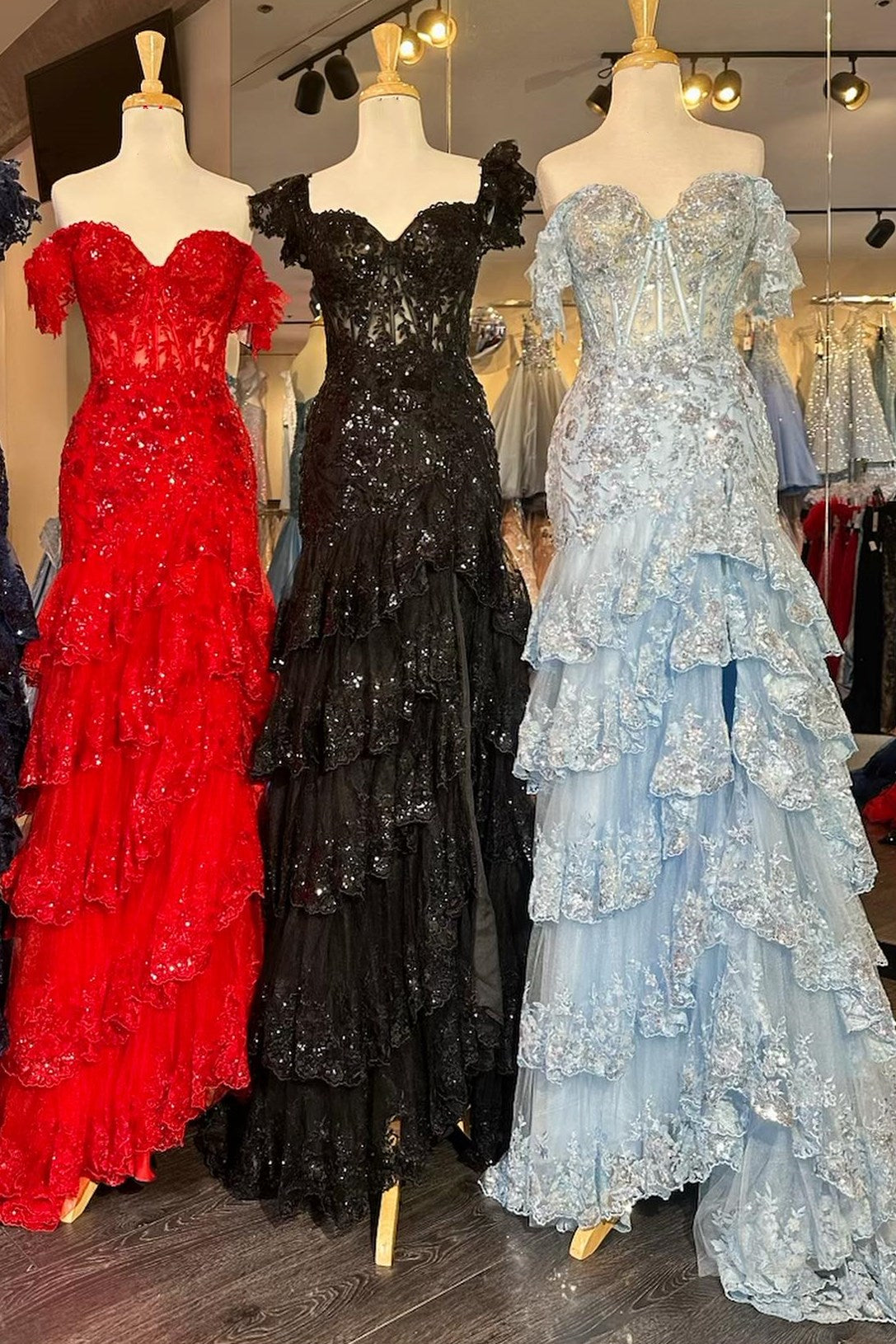 Red Sequin-Embroidery Off-the-Shoulder Tiered Long Prom Dress with Slit