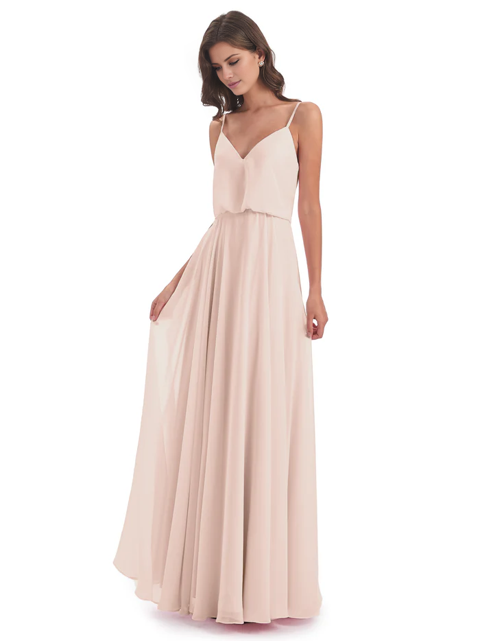 Simple slim shoulder chiffon and floor length bridesmaid dress