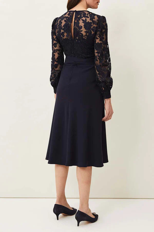 Round neck lace long sleeved set tea length mother of the bride dress