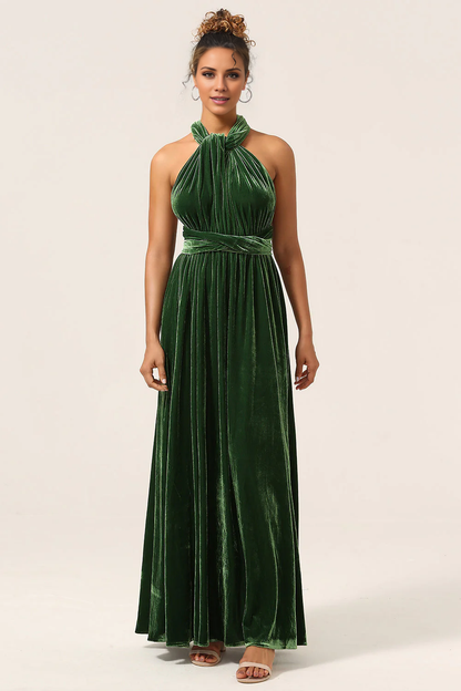 A Line V Neck Covertible Wear Velvet Long Bridesmaid Dress