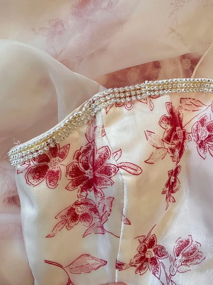 Red & White Floral Bandeau Ball Gown: 3D Flower Decoration, Layered Skirt, Retro Tea Party Gown gh6575