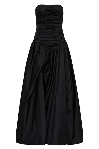 Pretty Ball Gown Strapless Black Satin Long Prom Dresses With Ruffles Evening Dress HZ1024