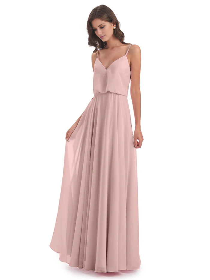 Simple slim shoulder chiffon and floor length bridesmaid dress