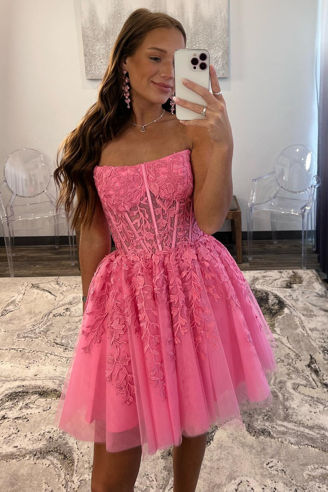 Hot Pink Tulle Strapless A-Line Short Gown with Appliques