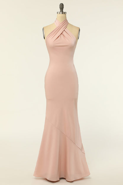 Blush Chiffon Cross-Front Backless Long Bridesmaid Dress