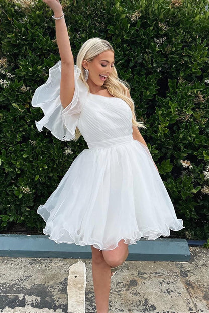 White One-Shoulder Ruffles A-Line Homecoming Dress