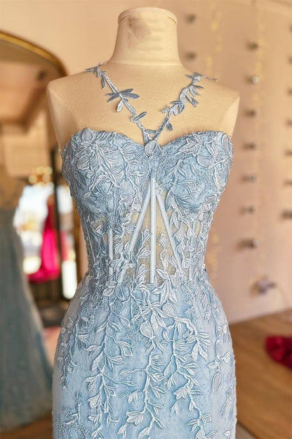 Red Halter Flower Straps Appliques Mermaid Long Prom Dress
