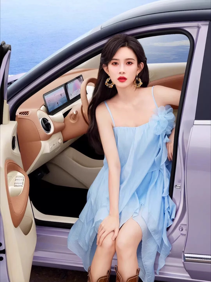 New Fashion Light Blue 3D Flower Spaghetti Strap Irregular Hem Design Summer Party Dress HZ1024