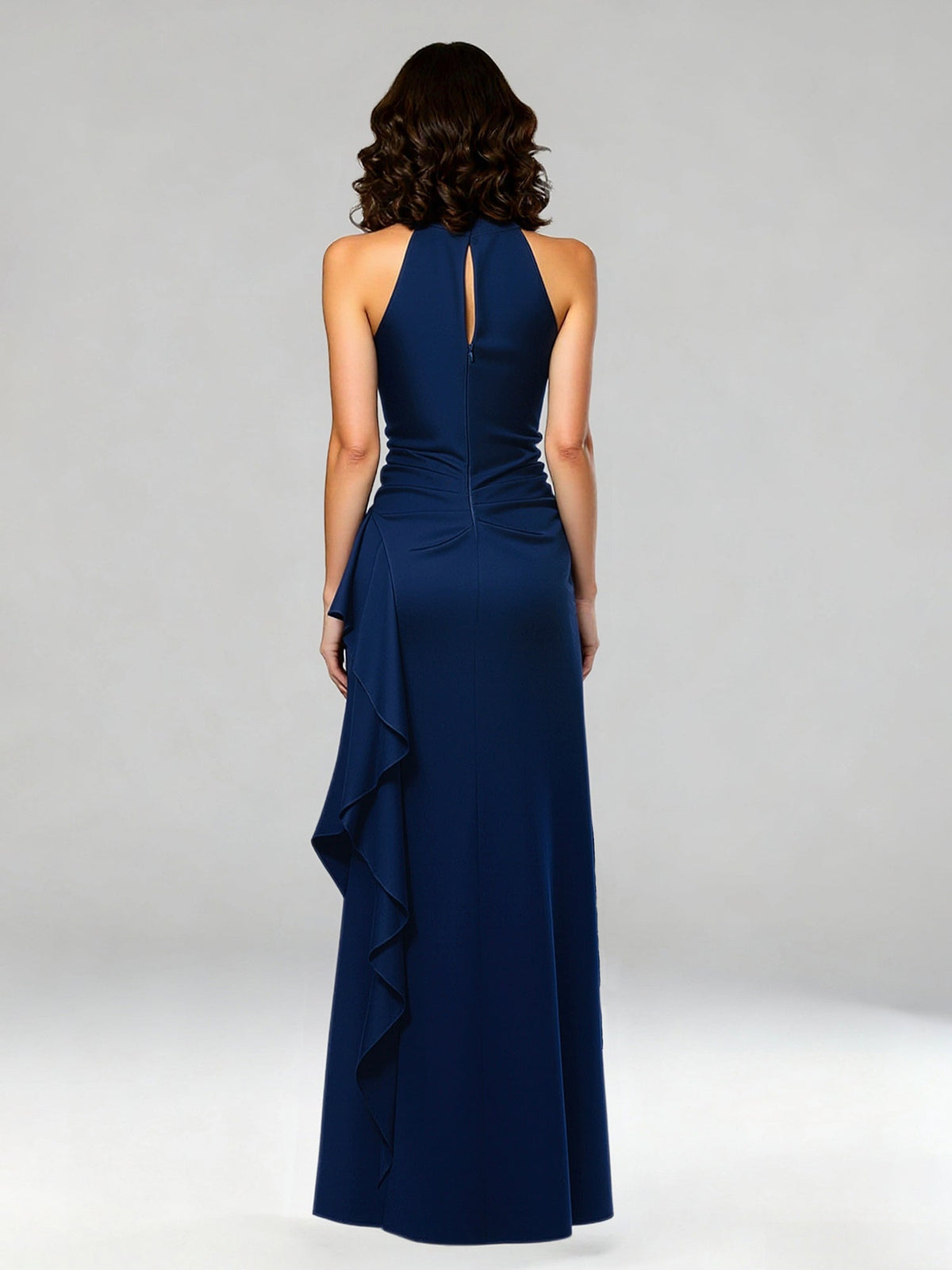 Halter Neck Maxi Gown with Waterfall Ruffle Detail Dark Navy