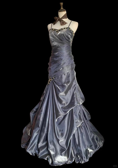 Vintage Grey Mermaid Spaghetti Strap Satin Train Prom Dress Evening Dress cc5357