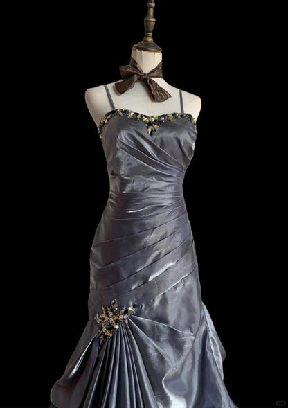 Vintage Grey Mermaid Spaghetti Strap Satin Train Prom Dress Evening Dress cc5357