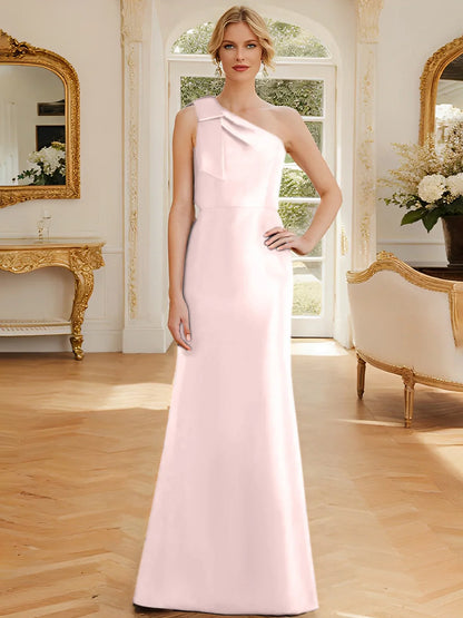 Tight fit/straight leg one shoulder sleeveless satin bow mother of the bride dress