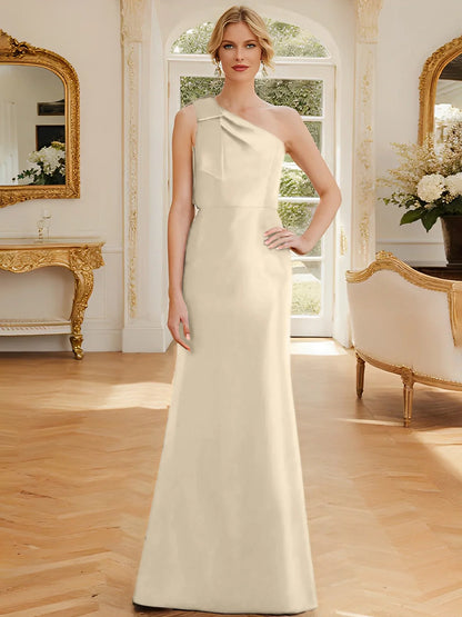 Tight fit/straight leg one shoulder sleeveless satin bow mother of the bride dress