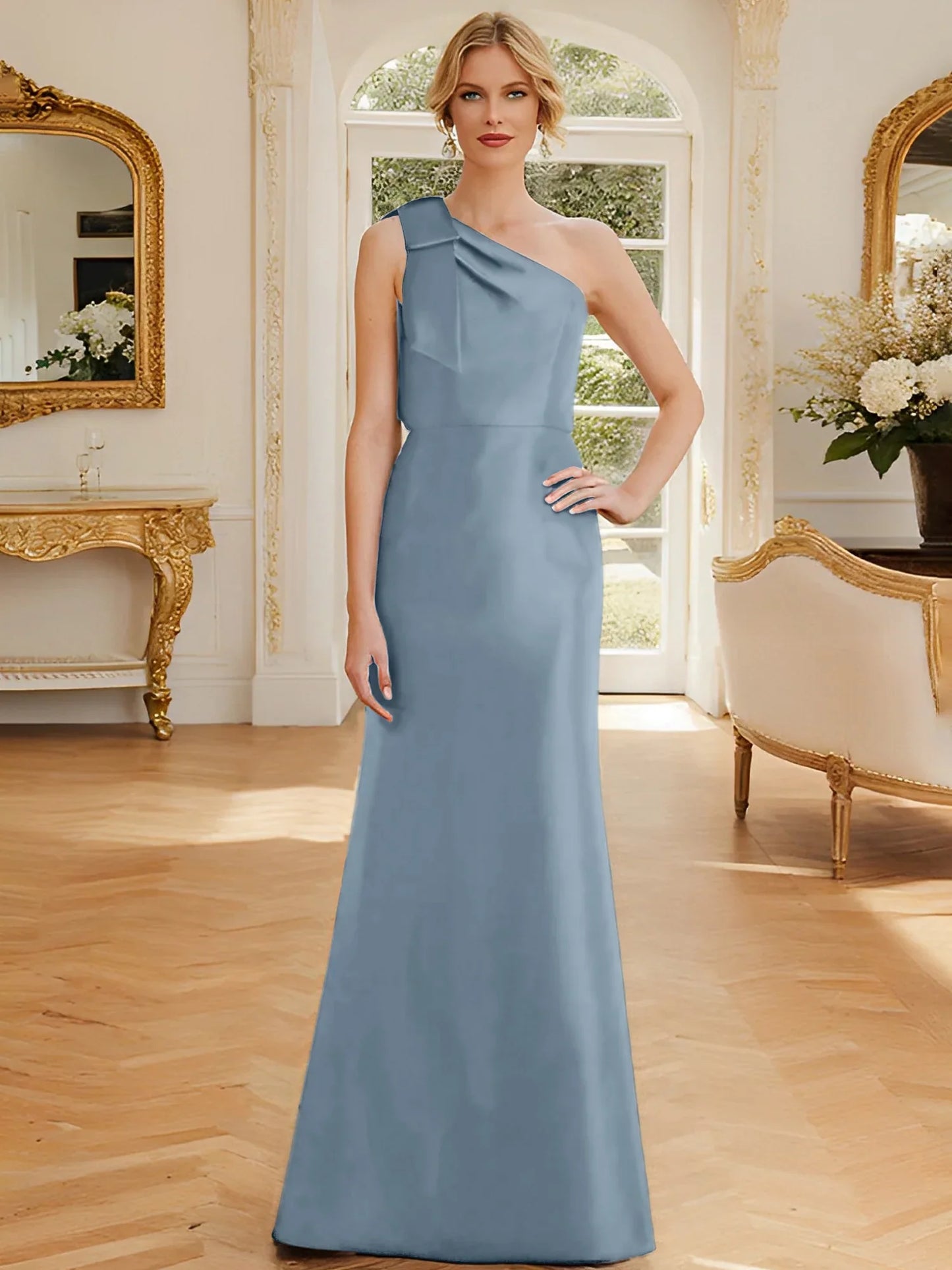 Tight fit/straight leg one shoulder sleeveless satin bow mother of the bride dress
