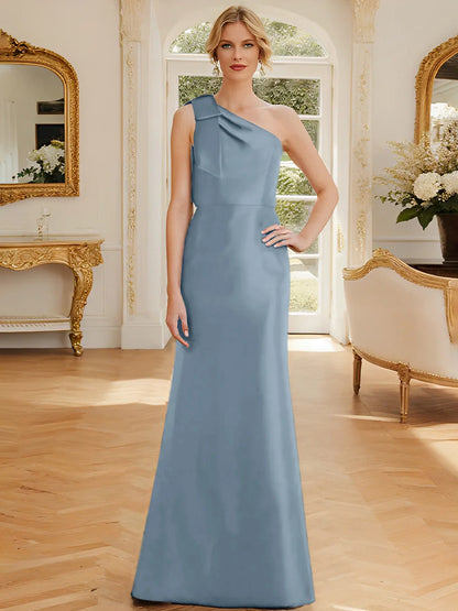 Tight fit/straight leg one shoulder sleeveless satin bow mother of the bride dress