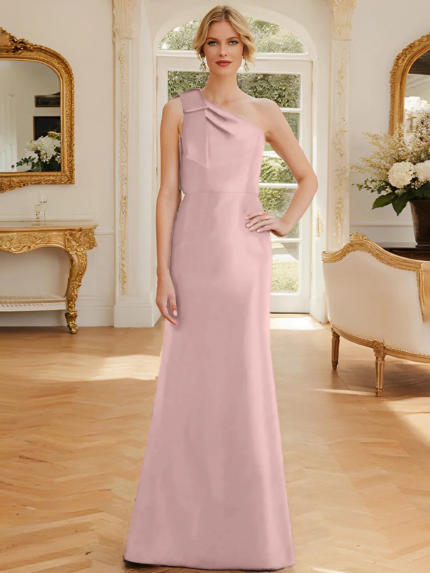 Tight fit/straight leg one shoulder sleeveless satin bow mother of the bride dress