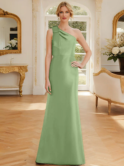 Tight fit/straight leg one shoulder sleeveless satin bow mother of the bride dress