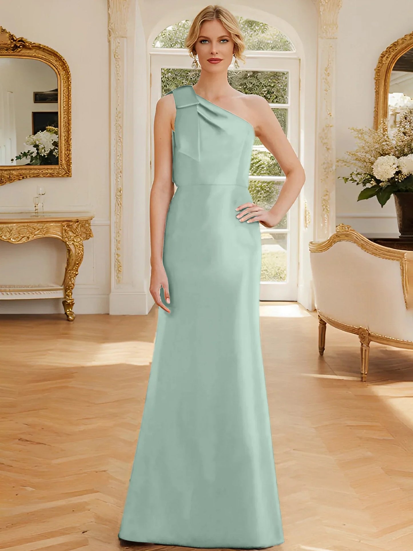 Tight fit/straight leg one shoulder sleeveless satin bow mother of the bride dress