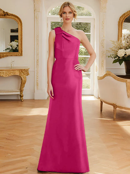 Tight fit/straight leg one shoulder sleeveless satin bow mother of the bride dress