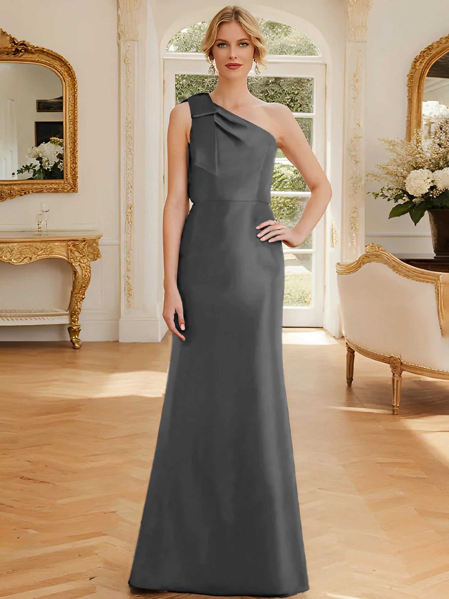 Tight fit/straight leg one shoulder sleeveless satin bow mother of the bride dress