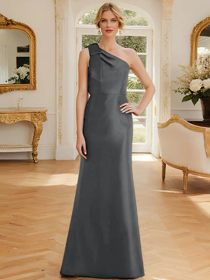 Tight fit/straight leg one shoulder sleeveless satin bow mother of the bride dress