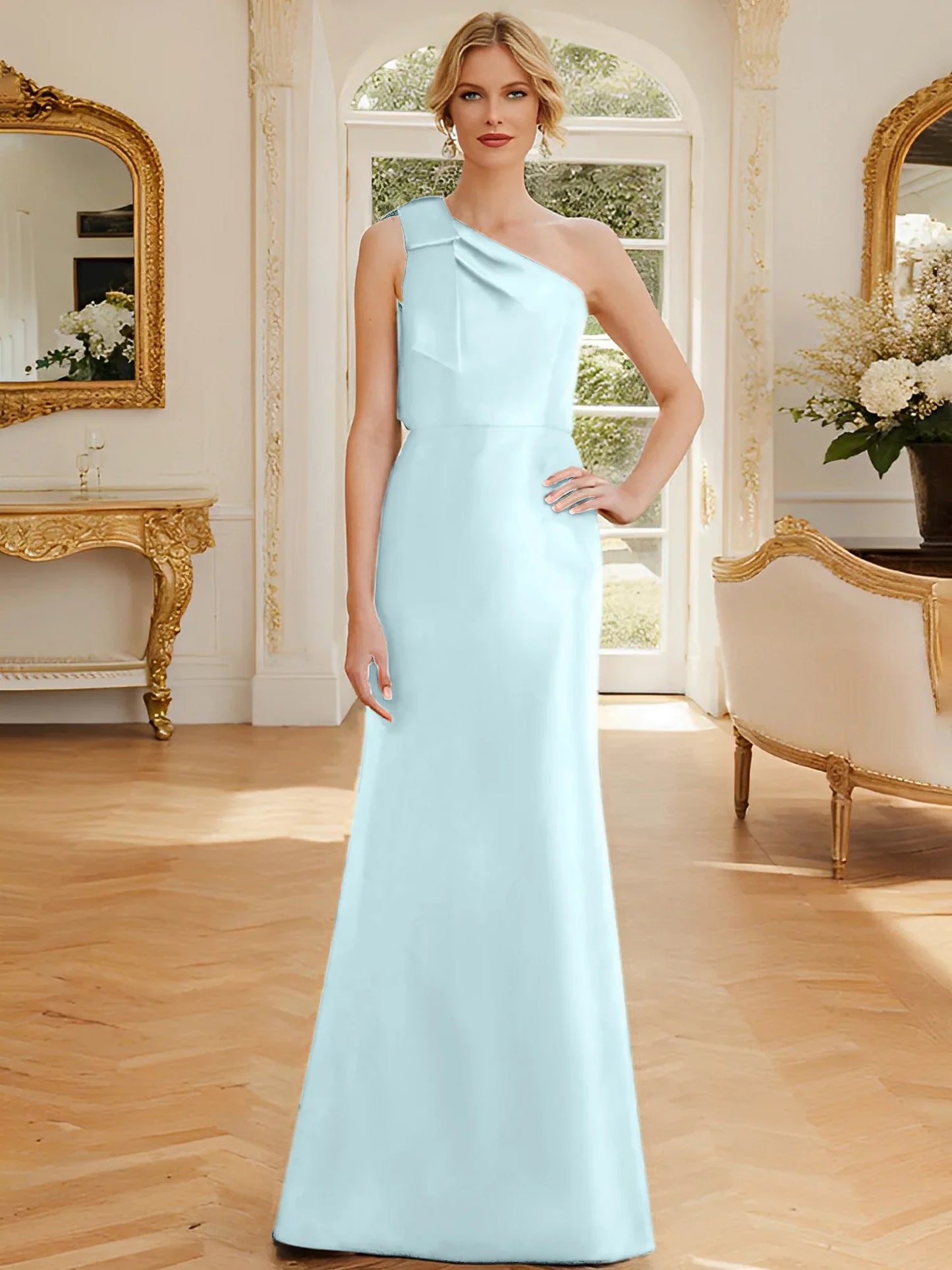 Tight fit/straight leg one shoulder sleeveless satin bow mother of the bride dress