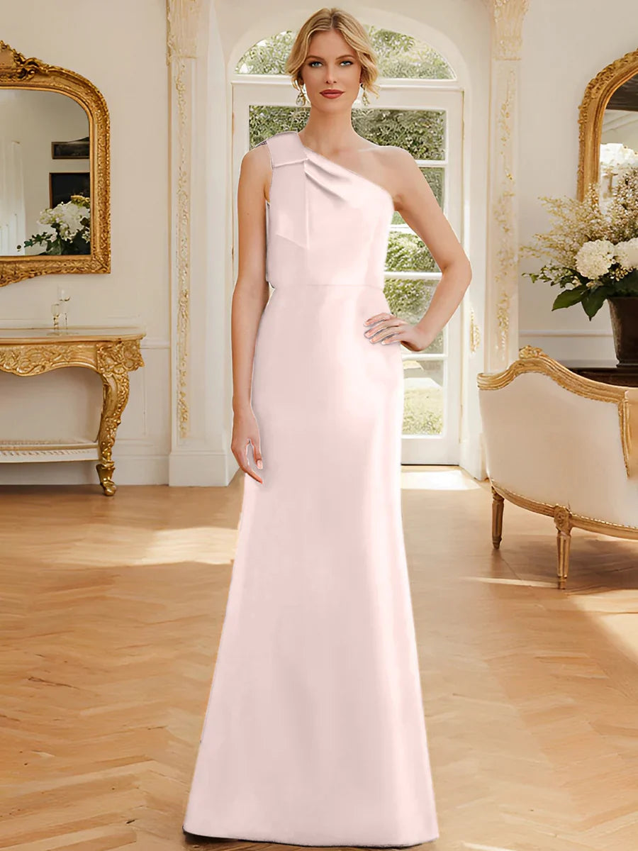 Tight fit/straight leg one shoulder sleeveless satin bow mother of the bride dress