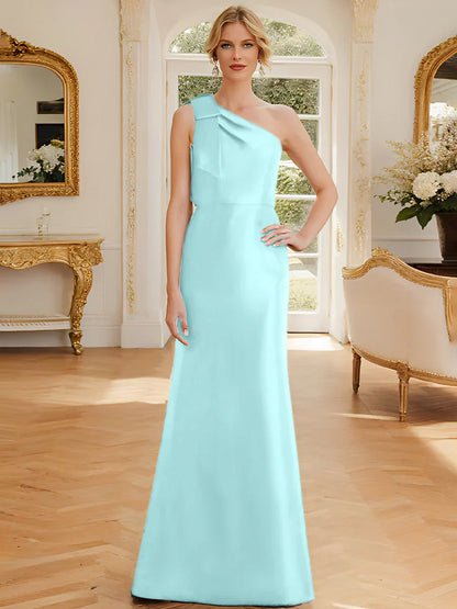 Tight fit/straight leg one shoulder sleeveless satin bow mother of the bride dress