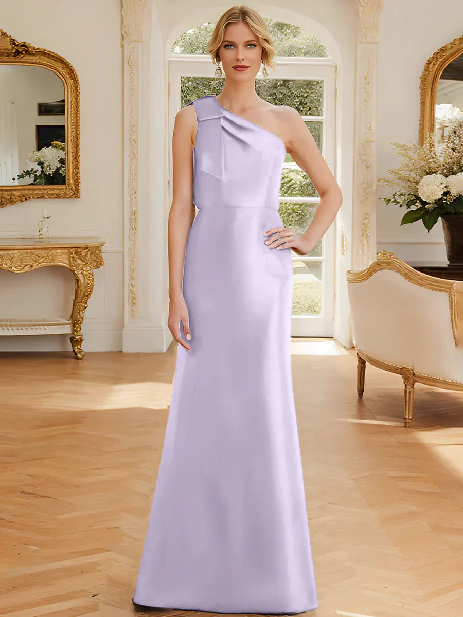 Tight fit/straight leg one shoulder sleeveless satin bow mother of the bride dress