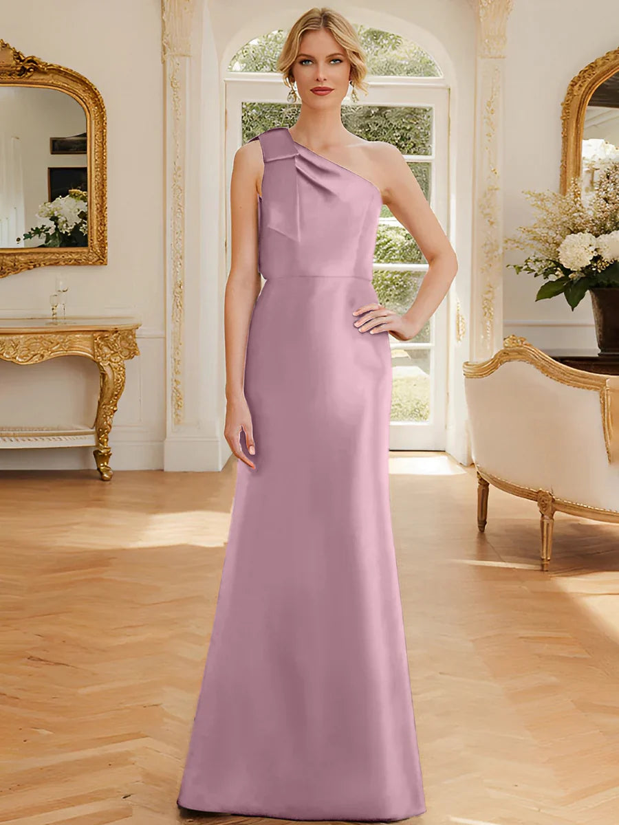 Tight fit/straight leg one shoulder sleeveless satin bow mother of the bride dress