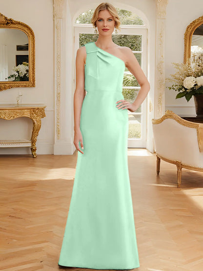 Tight fit/straight leg one shoulder sleeveless satin bow mother of the bride dress