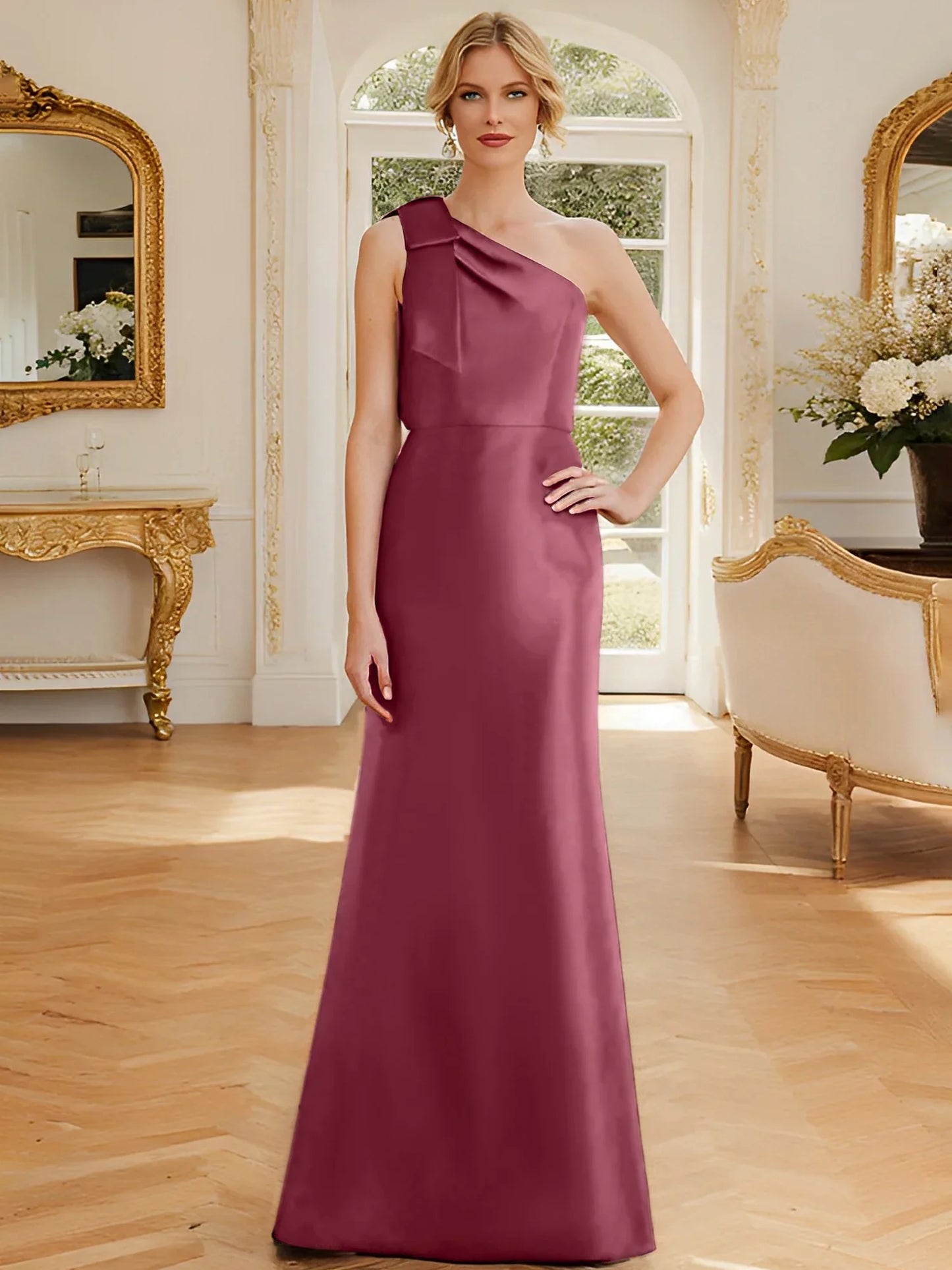 Tight fit/straight leg one shoulder sleeveless satin bow mother of the bride dress
