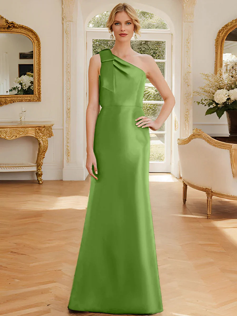 Tight fit/straight leg one shoulder sleeveless satin bow mother of the bride dress