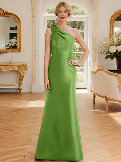 Tight fit/straight leg one shoulder sleeveless satin bow mother of the bride dress